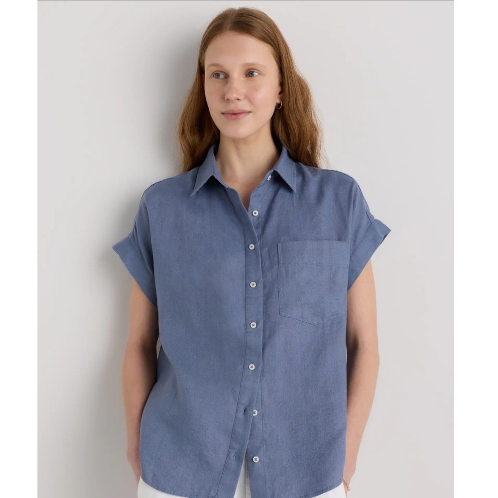 Quince Women's 100% European Linen Camp Shirt Moonstone Blue- Large